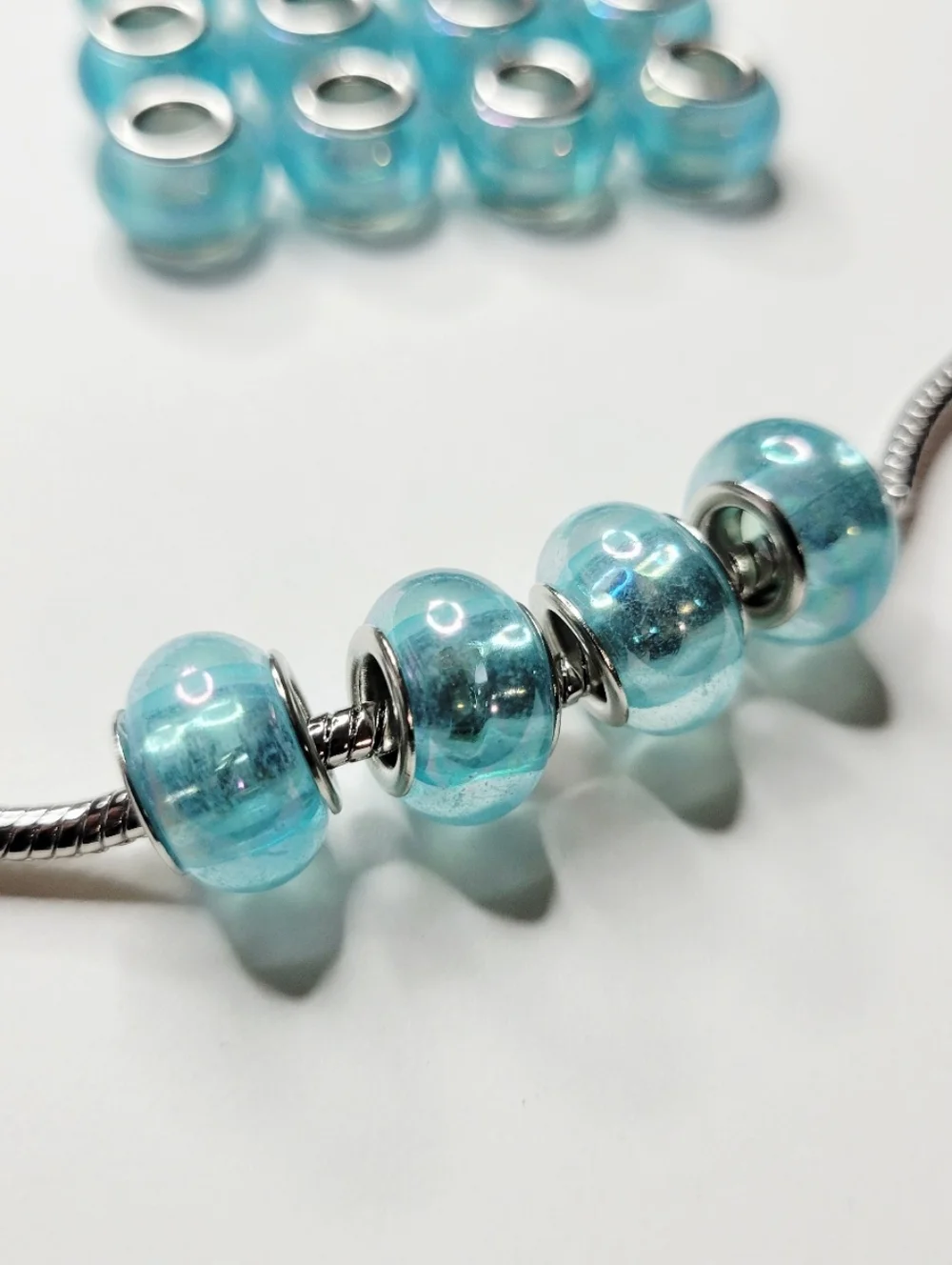 New! 16 Gorgeous Aqua Blue Translucent AB Round European Charm Beads For Pandora